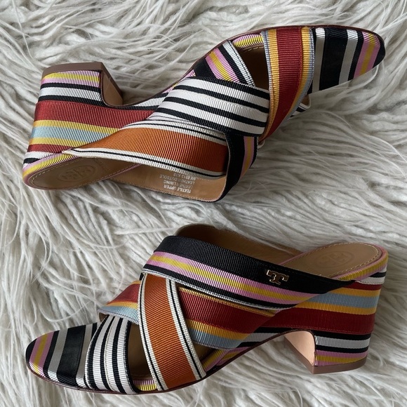 Tory Burch Multicolor Striped Grosgrain Graham 65mm Heel Mule Sandals EUC Sz 6 - Picture 3 of 12